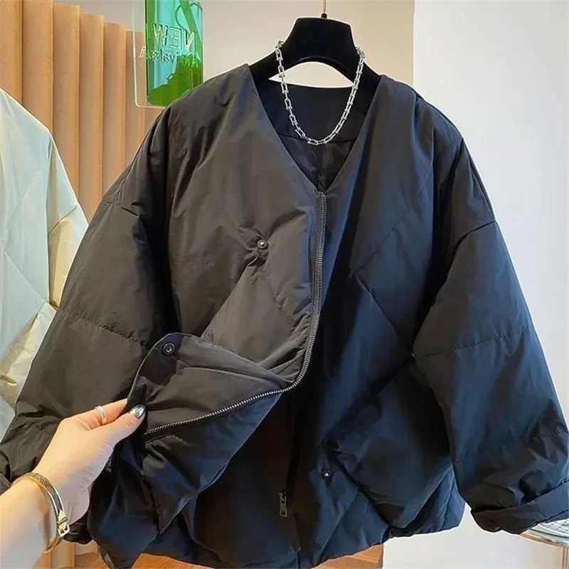 Giacca in cotone irregolare dal design di fascia alta Donna Inverno Nuovo cappotto da donna con cerniera allentata Capispalla donna basic con scollo a V