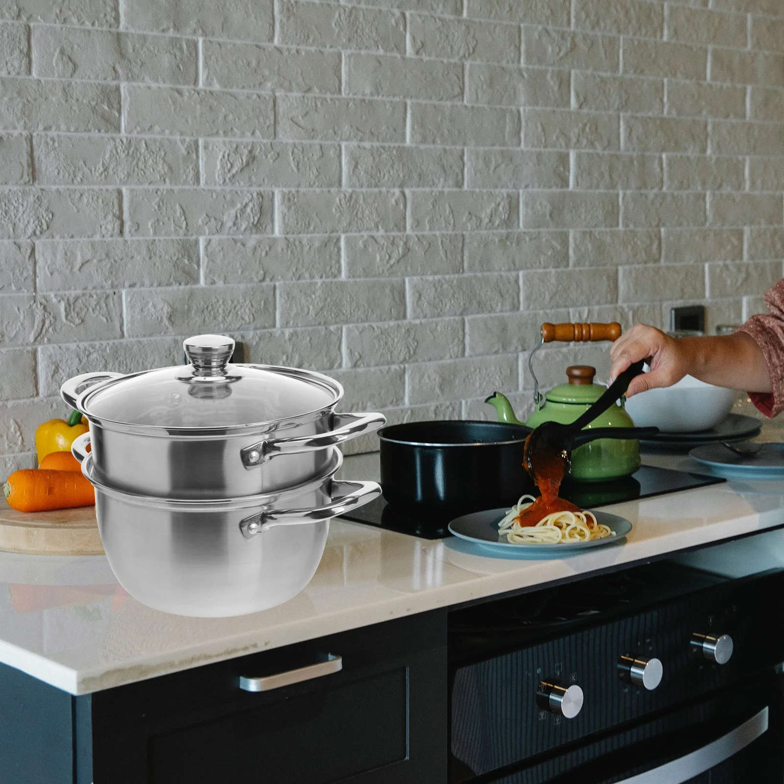 

Double-Layered Stainless Steel Steam Pot Multi-Functional Steamer Cookware Suitable Any Stove Stackable Storage Safe Handle