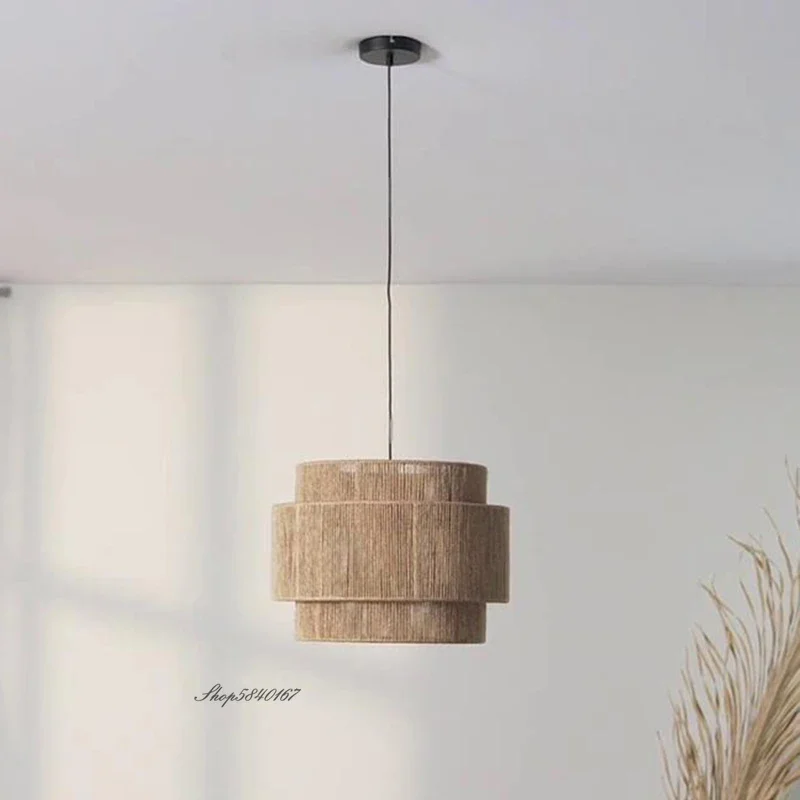 Estilo japonês rattan luzes pingente vintage criativo corda de cânhamo luz pingente para sala estar jantar restaurante lâmpada rattan