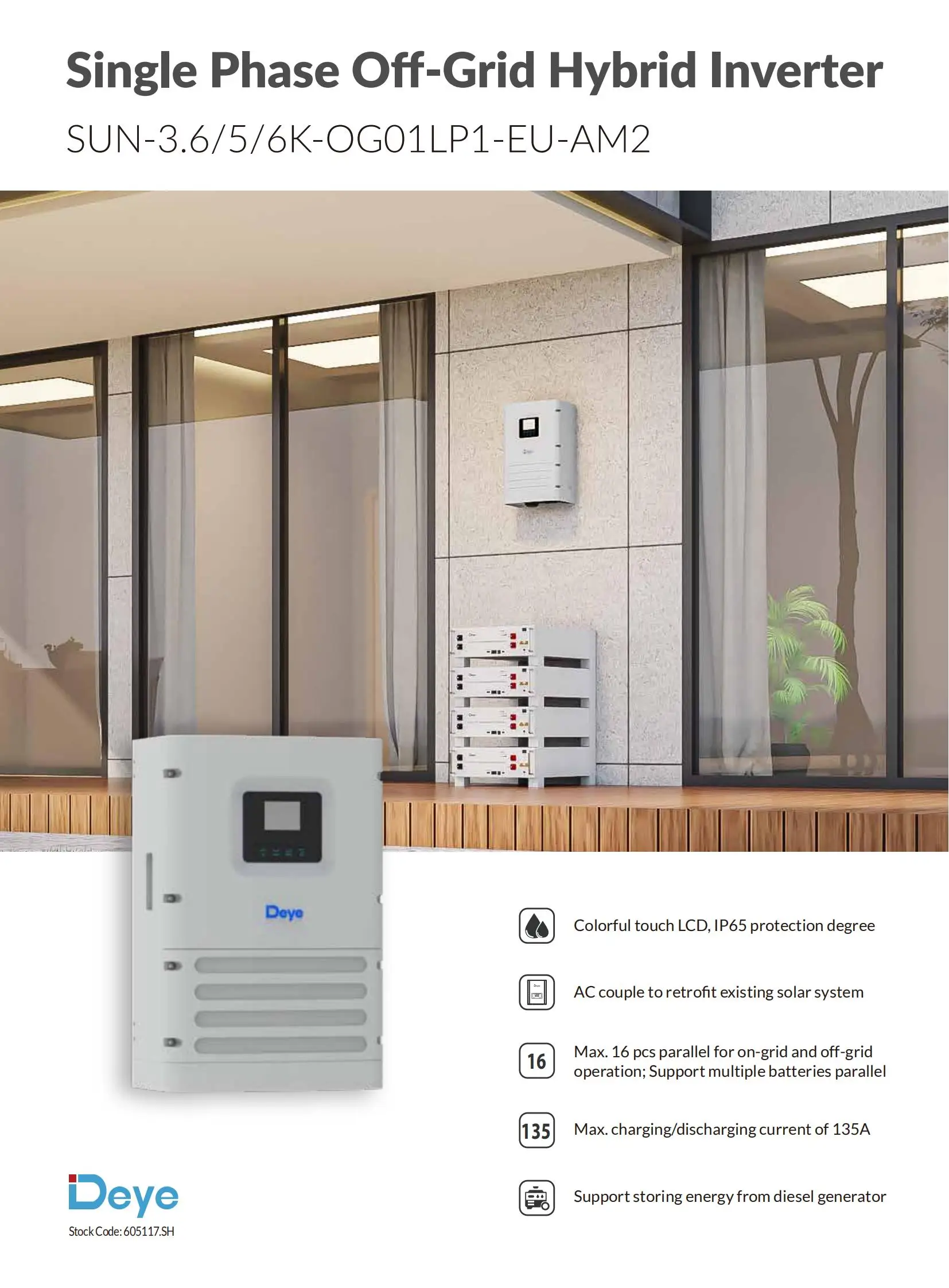 

NEW Deye off Grid Solar Inverter 1 Phase IP65 SUN-6K-OG01LP1-EU-AM2 3.6KW/5KW/6KW 220/230V off Grid Inverter for Home Use