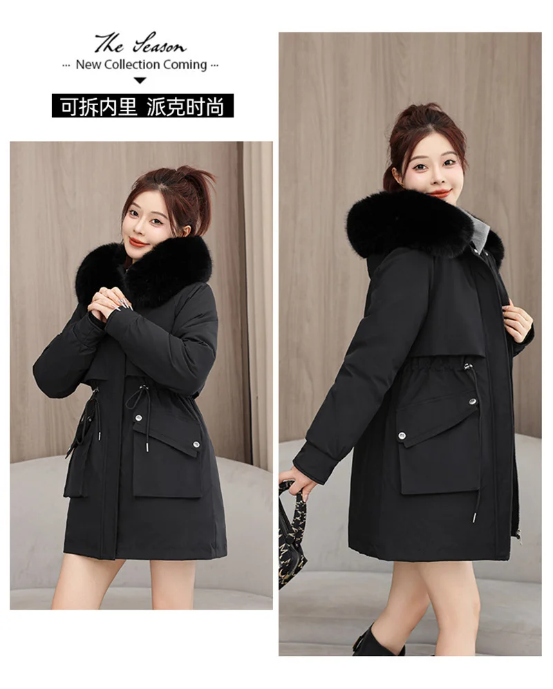 2026 New Winter Coat Down Padded Jacket Women Parkas Fur Collar Thick Hooded Cotton Coats Black Casual Outerwear Female Clothes