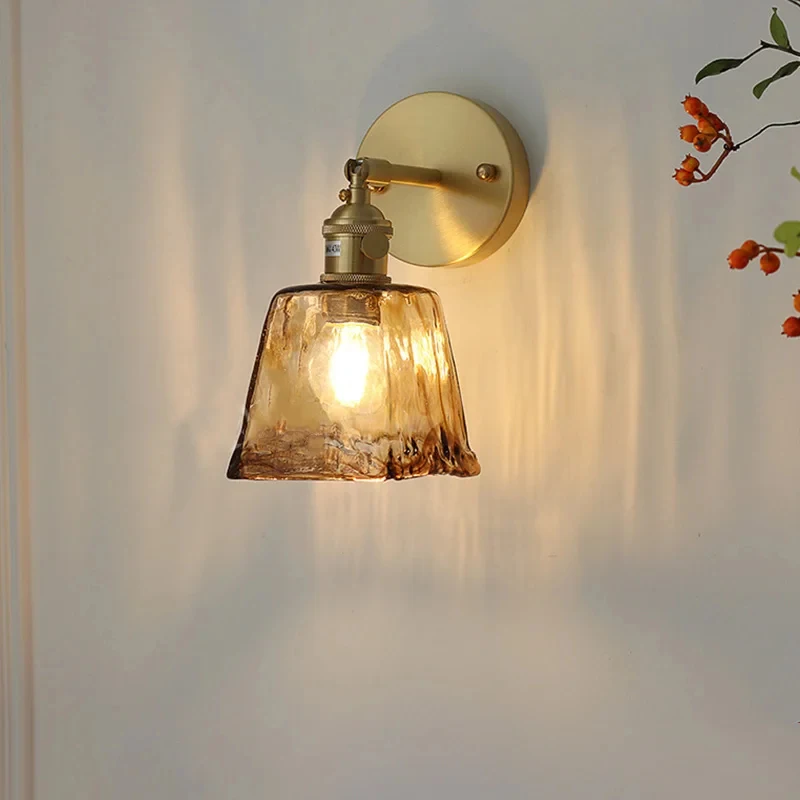 Brass Wall Sconce with Amber Marbled Glass Shade, Vintage Wall Lamp for Bedroom Bathroom