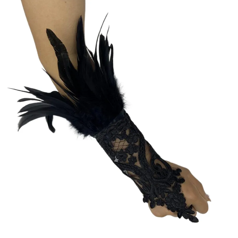 1PC Kant Veer Lange Handschoenen Wit Zwart Polsboeien Gothic Mesh Mouw Borduren Bruiloft Handschoenen Kostuumfeest