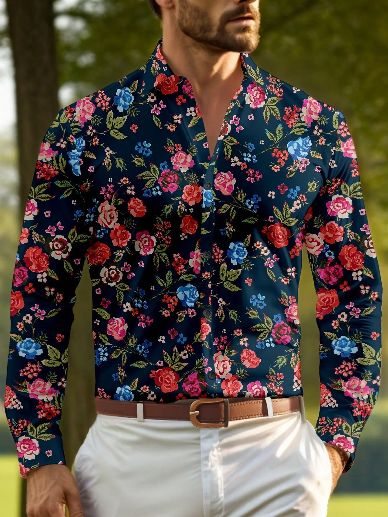 

Men's Navy Blue Floral All-Over Print Long Sleeve Button-Front Casual Shirt