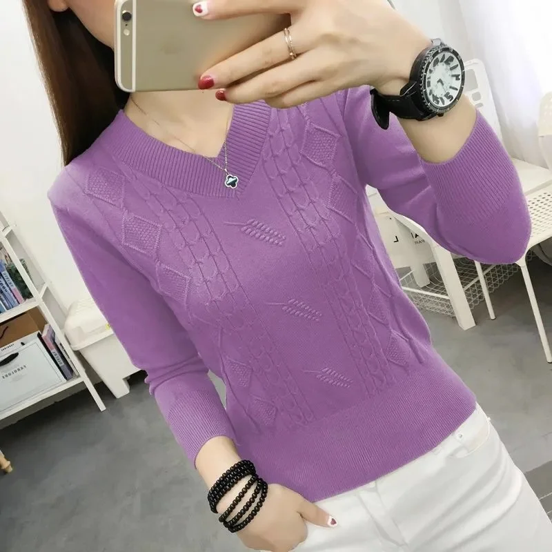 

Women Sweater Long Sleeve Top Knitted Pullover V-Neck Fashion Sweater Woman Winter 2024 New Basic Female Clothing Soild OL Sweat