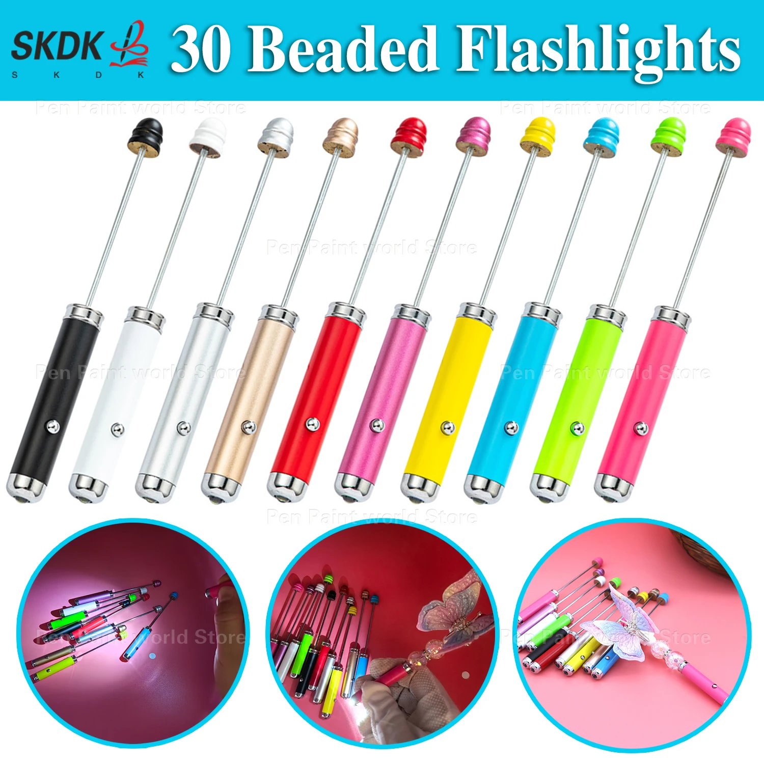 

30Pcs Pen‑Shaped DIY Beaded LED Flashlight – Removable Beads Decorative Light for Night Reading & Birthday Presents
