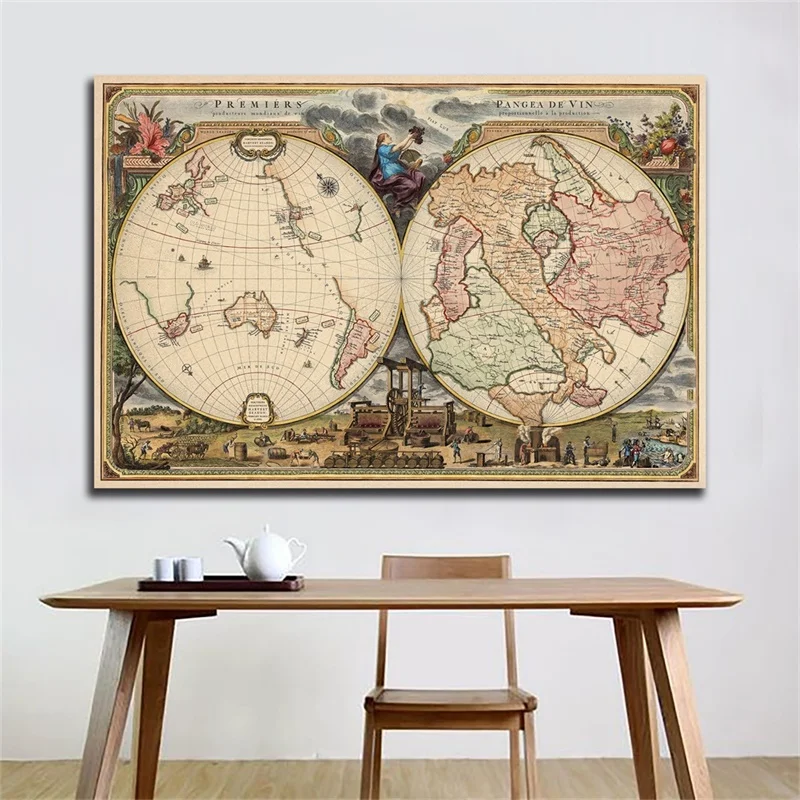 De wereldkaart 59*42cm niet-geweven canvas schilderij vintage posters muurkunstafbeeldingen woonkamer huisdecoratie leerbenodigdheden