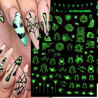 3D Luminous Nail Stickers Decals Black White Spider Web Skull Alien Planet Glow In The Dark Halloween Manicure Foils Tattoo Tips