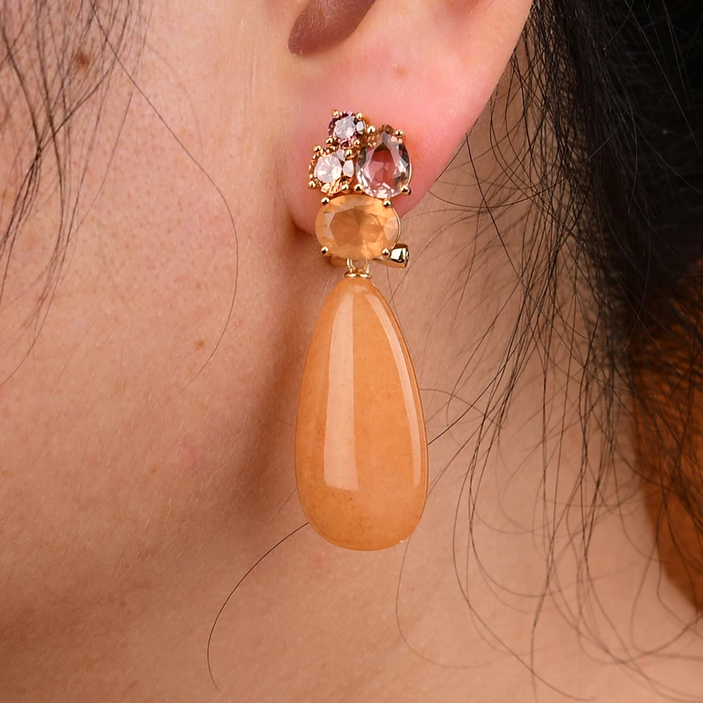 GG Natural Stone Yellow Jades Mix Color Crystal Gold Color Teardrop Stud Earrings Luxury Lady Party Jewelry Cute Gifts
