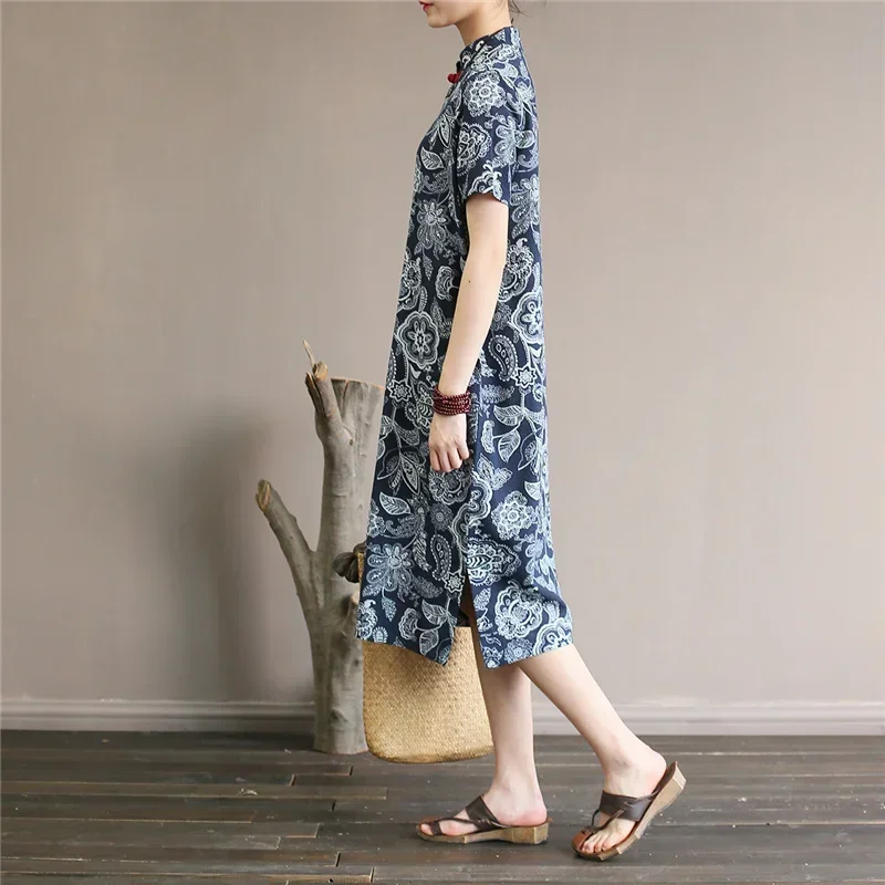 Johnature Women Chinese Style Dress Stand Short Sleeve Button Blue And White Vintage Cheongsam 2024 Summer High Quality Dress