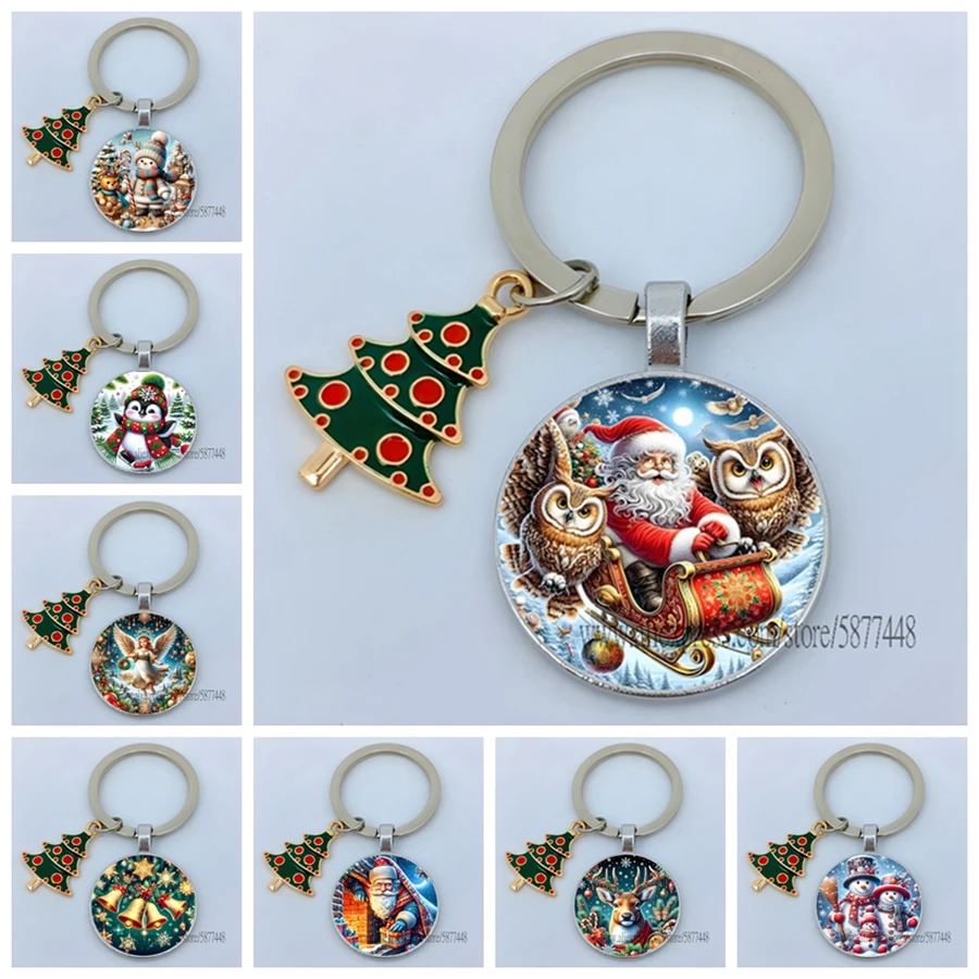 2024 Hot Selling Christmas Gifts Keychain Cartoon Santa Claus Christmas Tree Accessories Glass Keychain