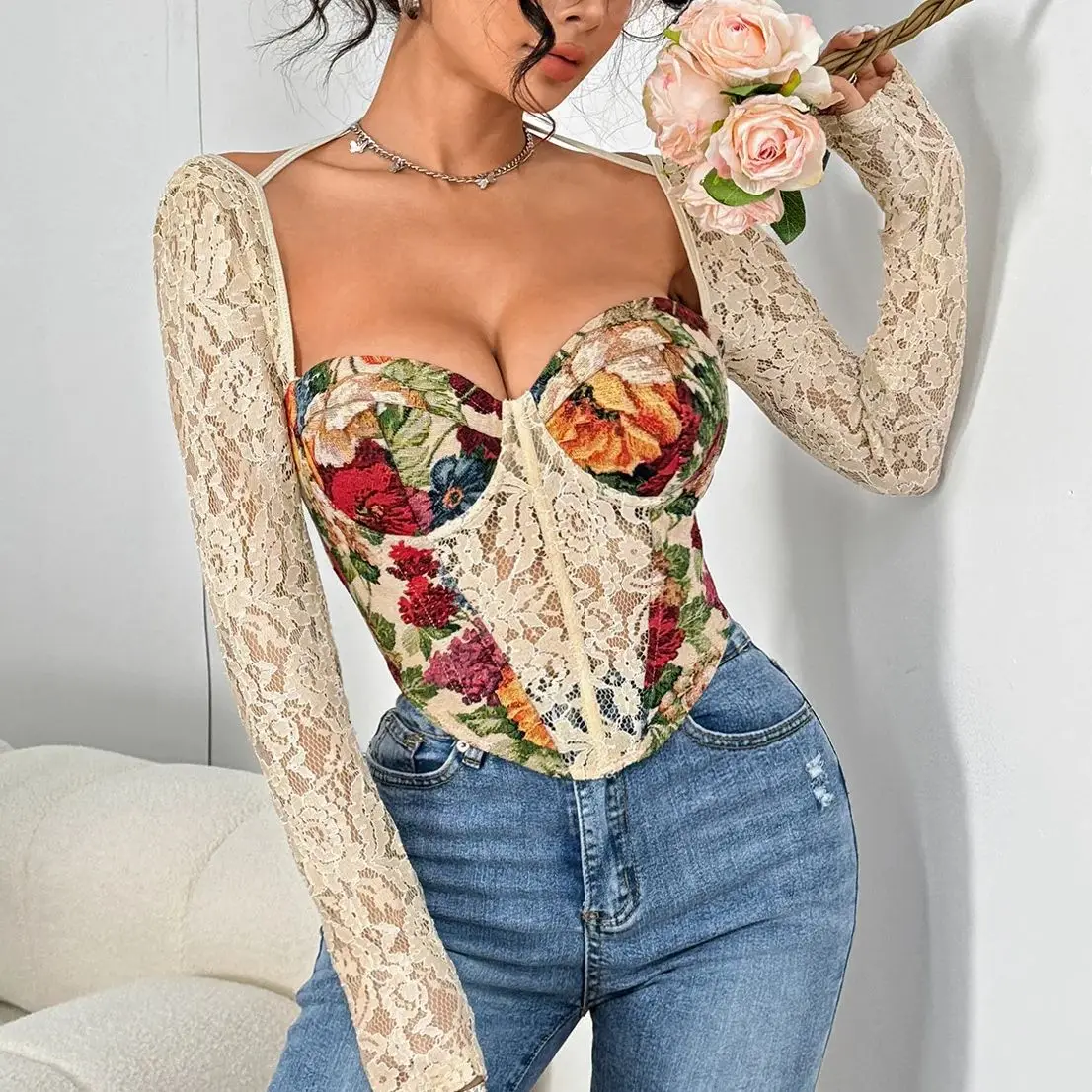 

Vintage Floral Lace-up Tops French Womens Square Neck Lace Long Sleeves Bones Backless Top Sexy Corsets Camisole Ladies Crop Top