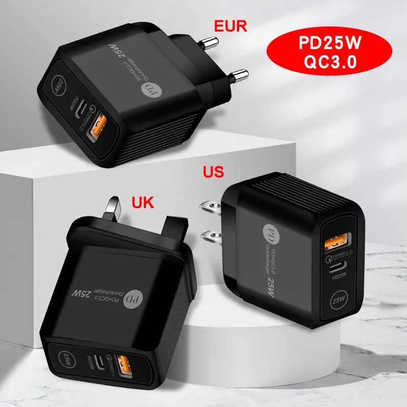 PD 25W 5V/5A 9V/2.8A 12V/2.1A EU/US/UK Plug LED Light 2 Ports USB Adapter Wall Charger   Fast Quick Charge QC 3.0 Mobile Phone