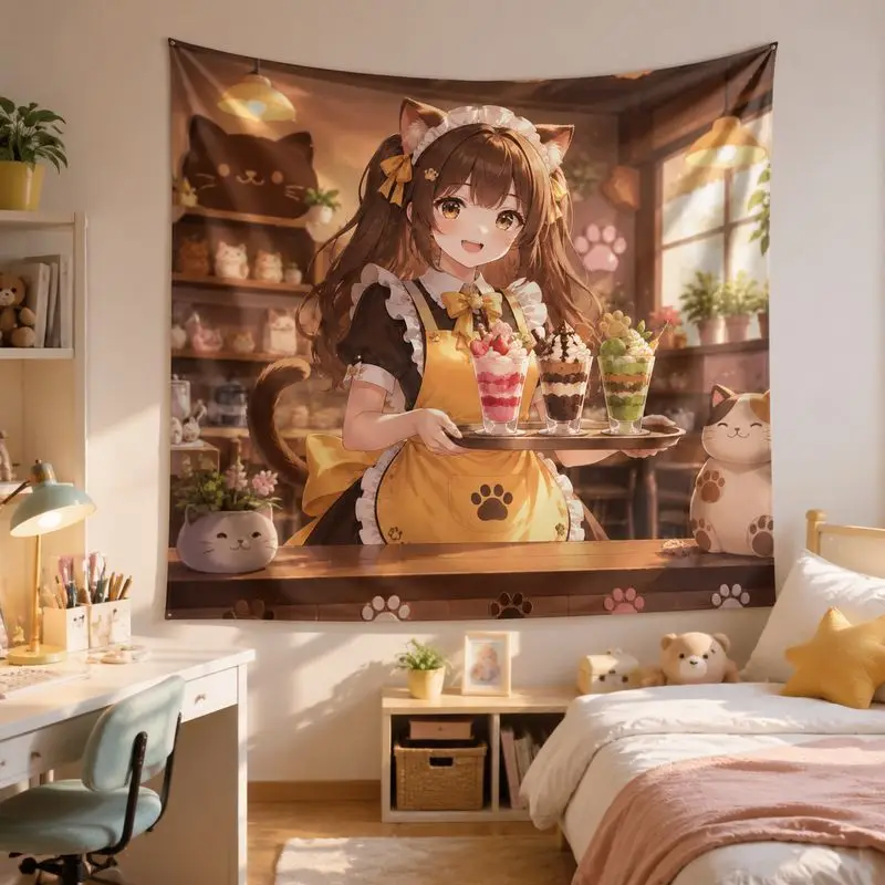 VIKAMA Cat Ear Maid Anime Tapestry, Kawaii Aesthetic Wall Hanging, Sweet Pastel Blanket for Girls Bedroom Dorm Decor