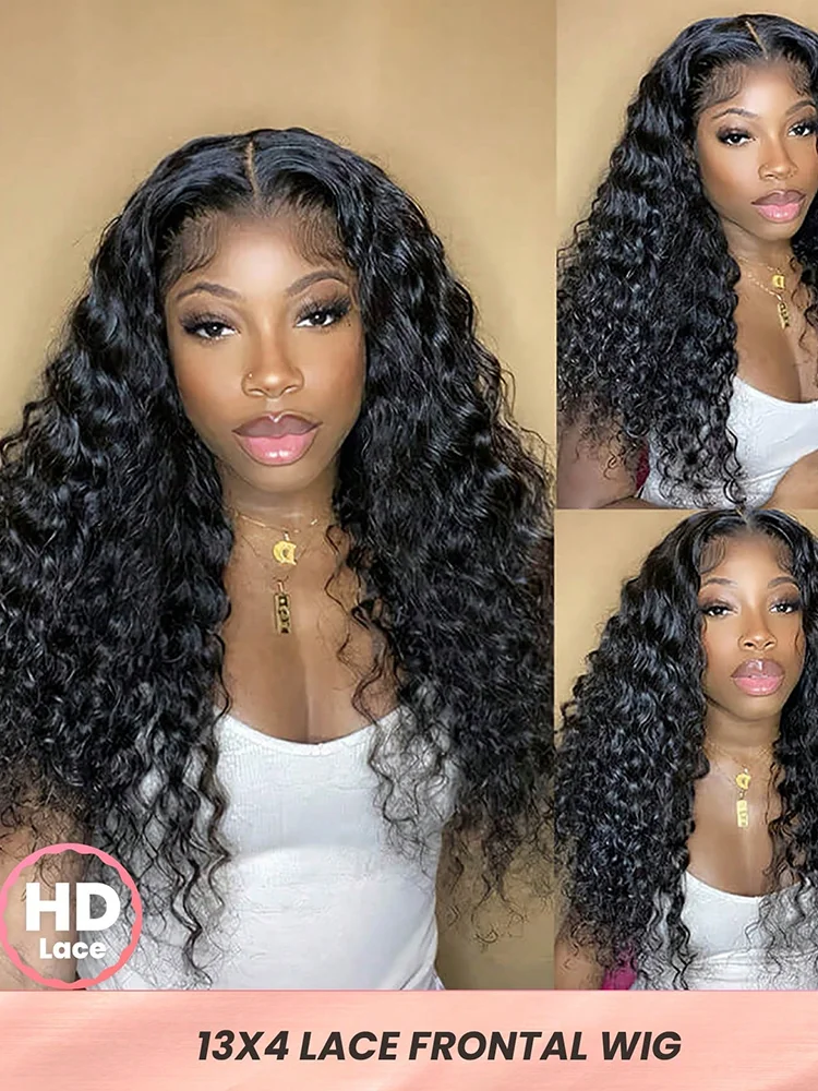 OKVOKV 32 34 Inch 13x4 HD Deep Wave Lace Front Wig 250% Density Wet And Wavy Human Hair Wig Brazilian Virgin Deep Curly Human Hair Wig For Women Glueless Lace Frontal Wigs With Baby Hair Pre Plucked Hairline Natural Color