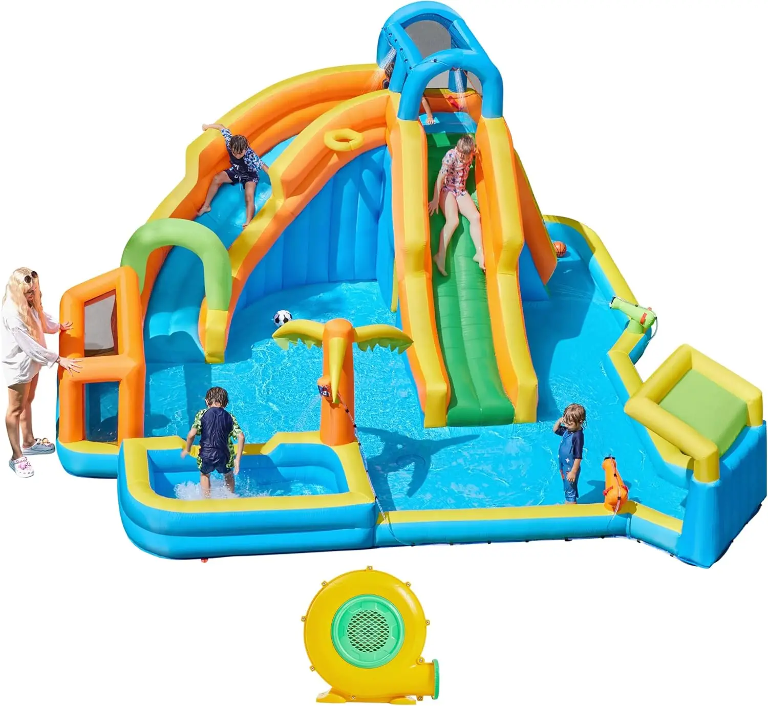 

11-in-1 Outdoor Inflatable Water Slide with Two Long Slides, Large Climbing Wall, Small Deeper Pool, and Shade Canopy, Includes Storage Bag and 950W Blower