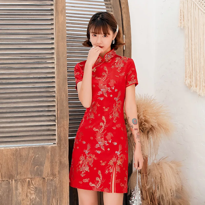 Front Fork Dragon&Phoenix Qipao Elegant Women Cheongsam Old Shanghai Mandarin Collar Sexy Short Chinese Dress Vestido