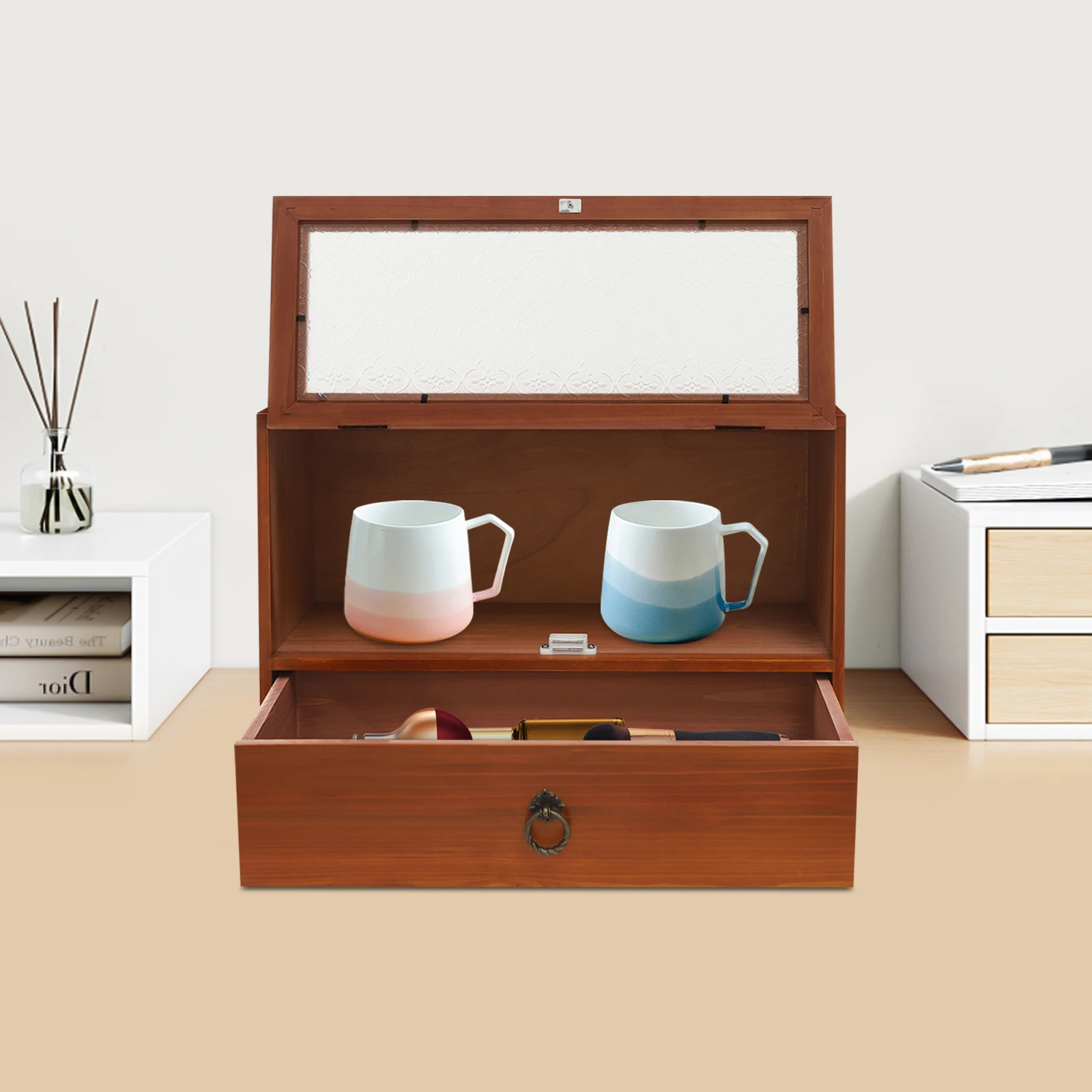 2 Tier Vintage Wooden Tabletop Organizer Magnetic Door Rustic Storage Cabinet with Drawer Dustproof for Desk Kitchen Counter