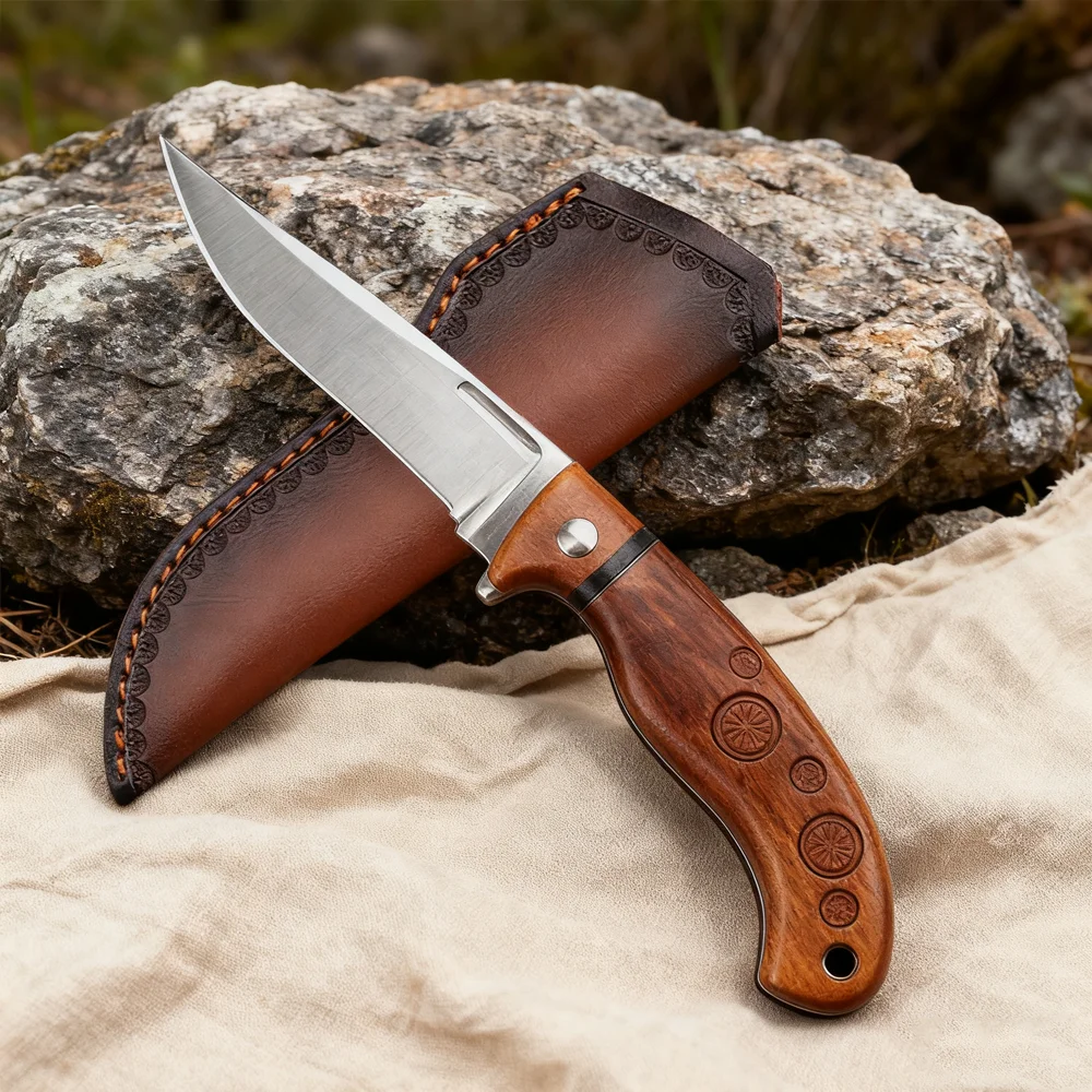 22cm Fixed Blade Knife Scabbard Embossed Cowhide Second Layer Leather Camping Knife Case Hunting Holsters with Belt Buckle view 2
