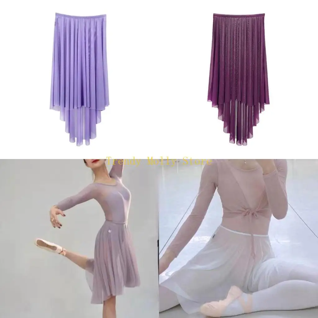

N5KB Womens Ballet Skirt Pull on Elastic Waist Wrap Skirt Irregular Dance Over Scarf