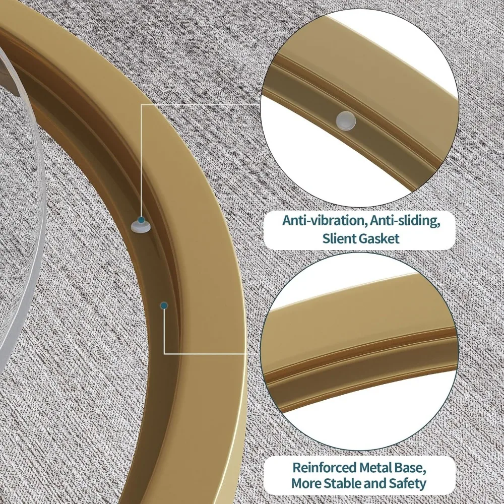 Runder Couchtisch aus Glas mit goldenem Rahmen für kleine Räume, moderner, minimalistischer Mitteltisch für Wohnzimmer oder Büro, einfache Montage