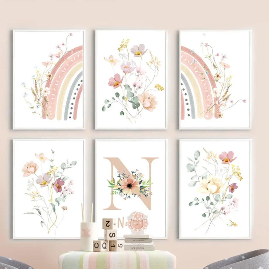 Multiple sizes 1pc frameless Canvas Painting,Boho Rainbow Nursery Wall Art Mural Prints Watercolor Flower Blush Pink Canvas Pain