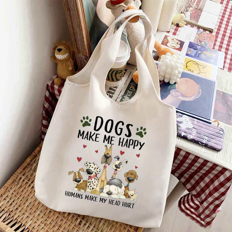 

Dogs Make Me Happy Fun Print Canvas Bag Organizer Large Capacity Travel Shoulder Bags Eco-friendly Reusable Shopping Bag Handbag