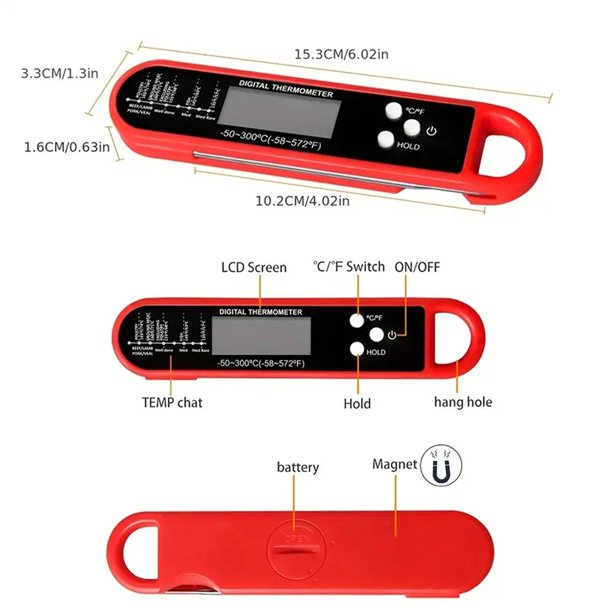 1pc-Digital backlit folding BBQ kitchen cooking ready-to-read thermometer