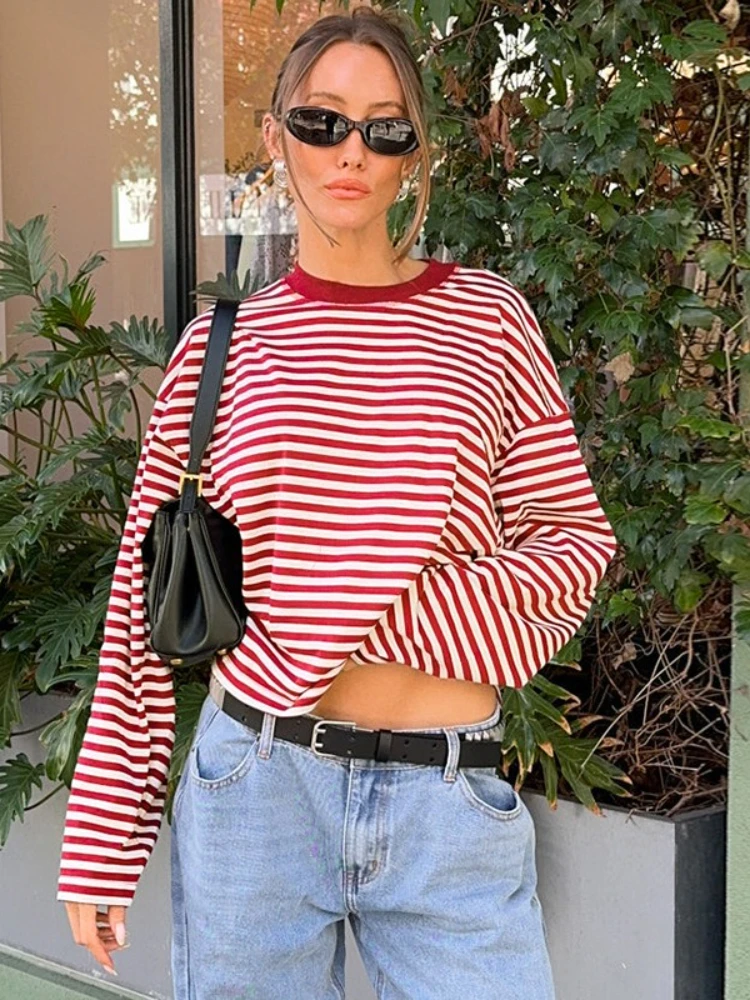 

FDYOUI Casual Striped T-shirts for Women 2025 Autumn O-neck Long Sleeve Loose Tops Tees Female Contrast Color T Shirt Streetwear