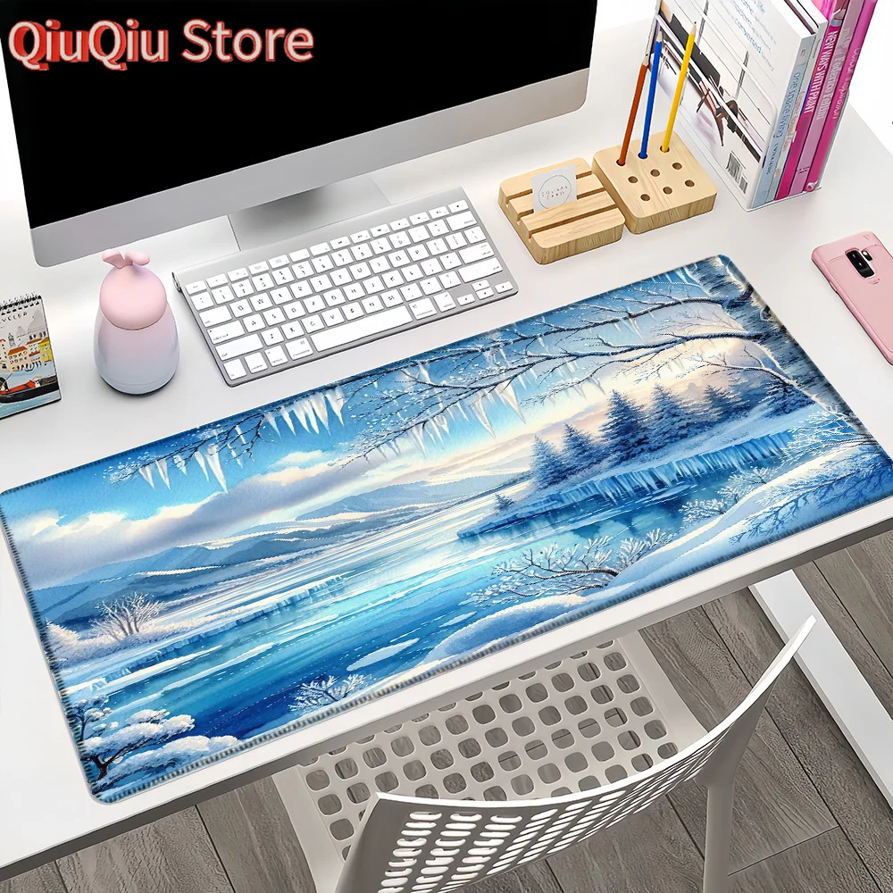 Grande azul cena de neve mouse pad xxl para jogos escritório casa durável borracha mesa para pc gamer escritório acessórios mesa