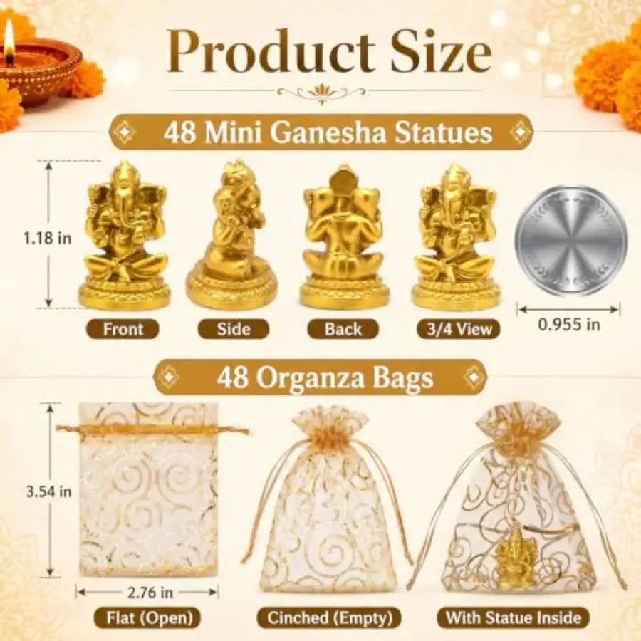 Yookeer 48 Pcs Mini Statues Bulk Ganesh Chaturthi Return Gifts For Pooja Small Gold Lord Ganesh Idol With Bags Diwali Gifts Mini
