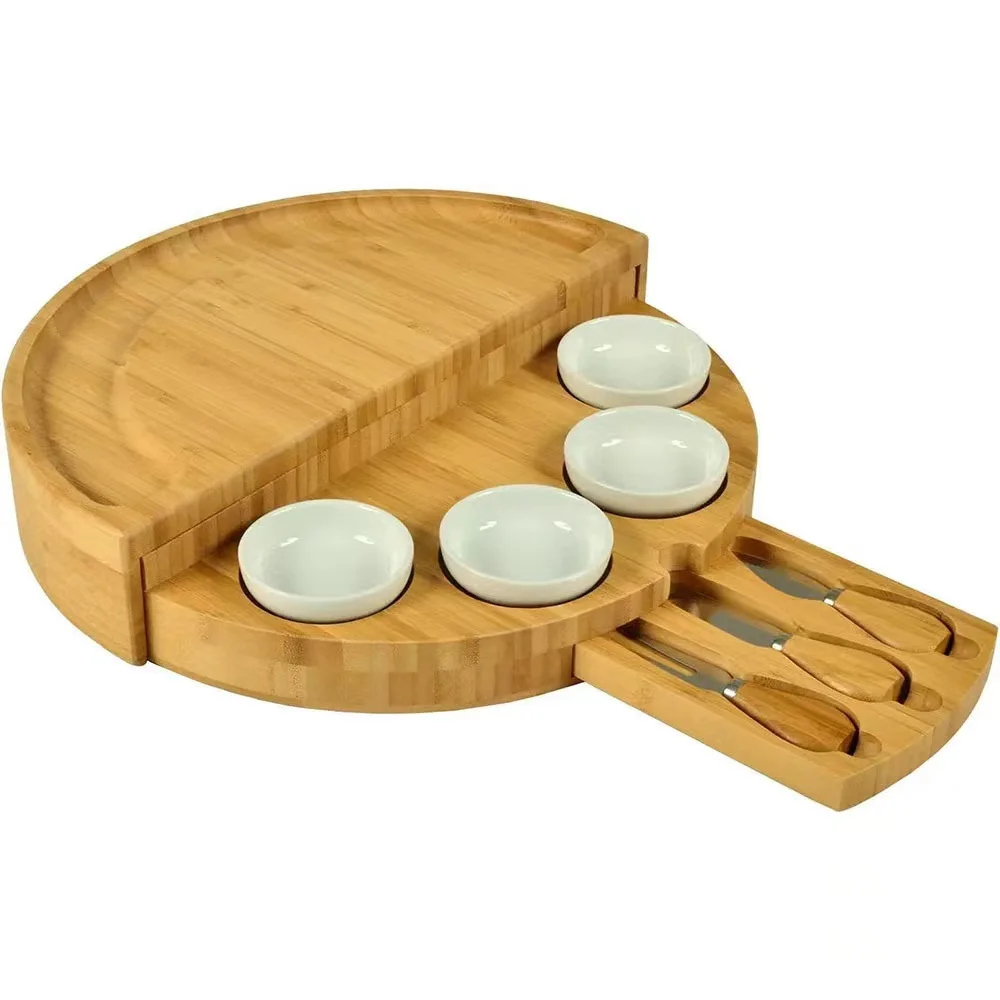 Portable Rotating Open Round Wooden Bamboo Chopping Board  With 4 Ceramic Bowl and 3 Knives Cheese Board Set