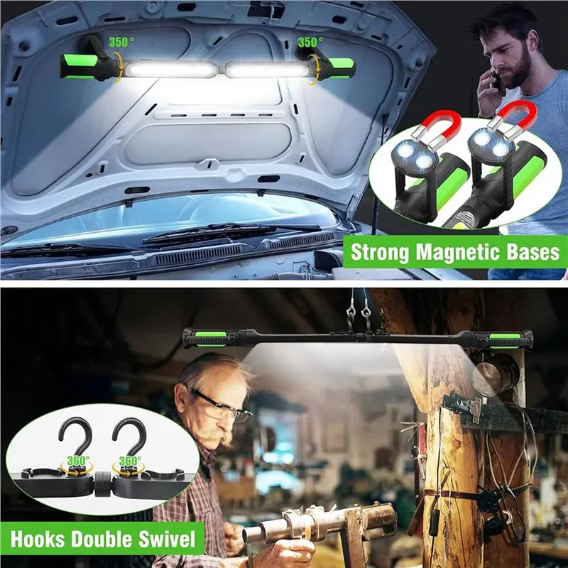 SYW-2X Work Light For Mechanic, 2400LM LED, 4400Mah Rechargeable, Magnetic, Underhood Work Light With Hooks
