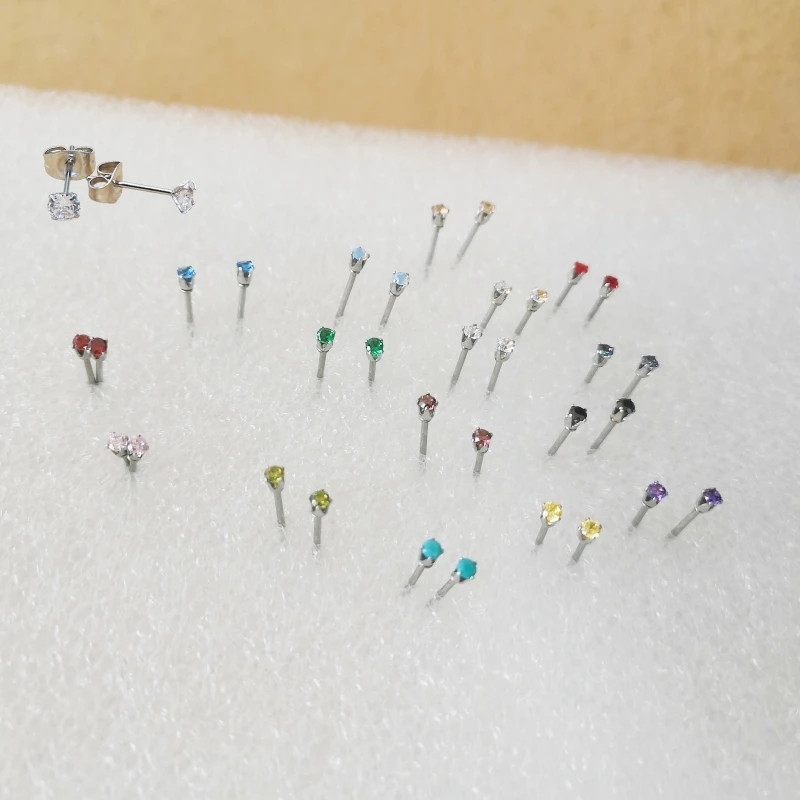 Men Women Stainless Steel Small 2mm Colors Zircons Stud Earrings Brief Style No Easy Fade Allergy Free