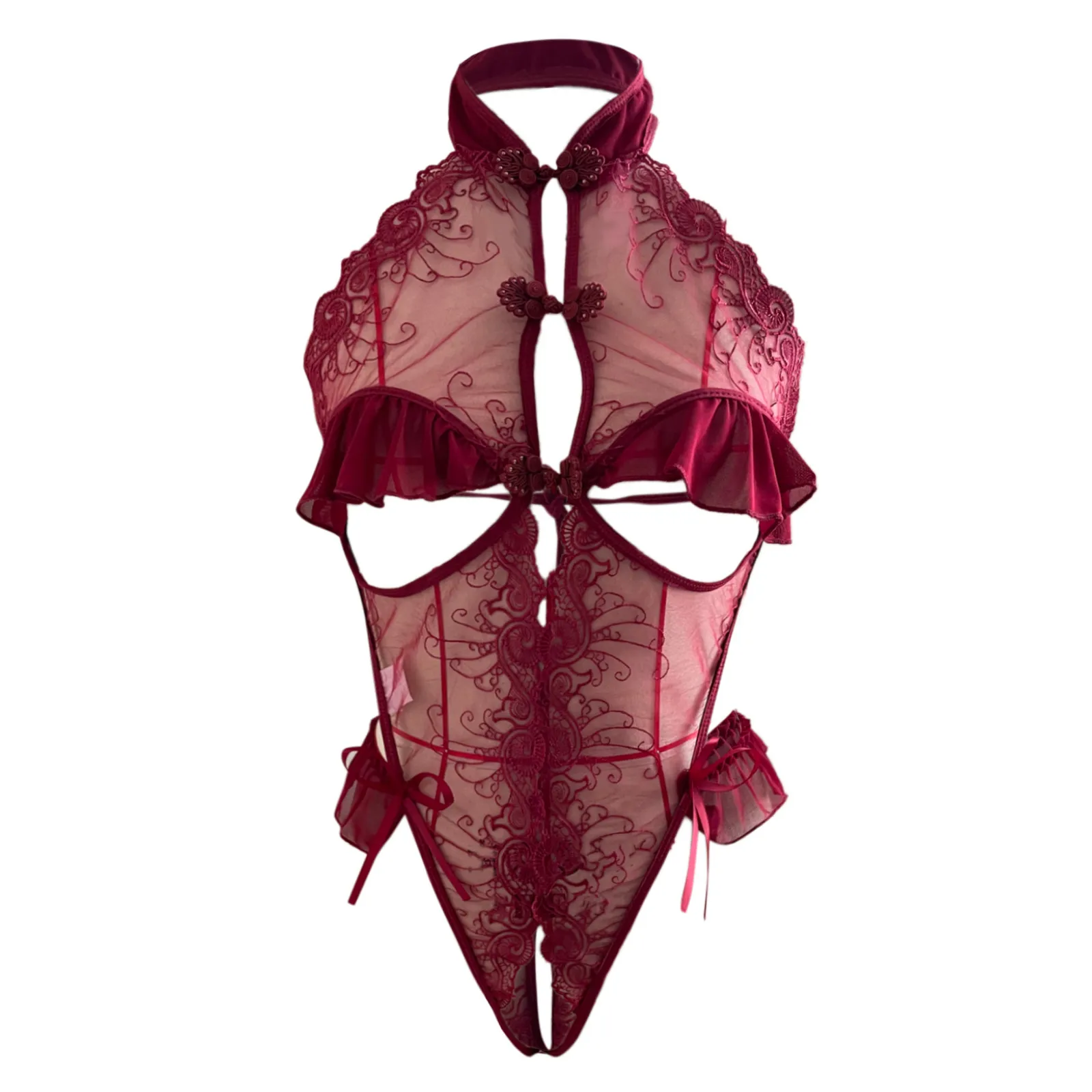 Body Sexy para mujer, sujetador abierto, peluches sin entrepierna, cuerpo femenino de malla de encaje, Cheongsam, lencería Sexy, Body, lencería, peluche erótico
