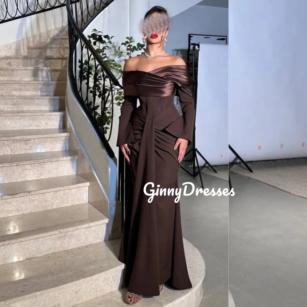 

Customized Evening Dresses Off-The-Shoulder Neckline Floor-Length Ruffle Elegant Party Dresses For Women Zipper Up Long Sleeves