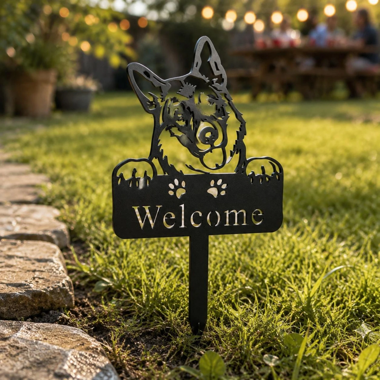 Paw Print Welcome Sign Flat Garden Stake Sign Metal Welcome Stake Decorative