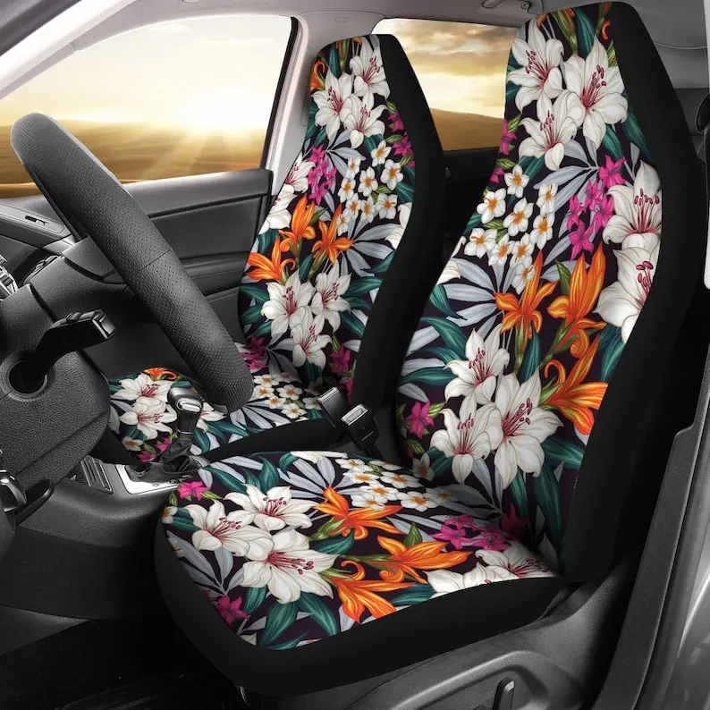 White, Orange, Pink Bright Colored Tropical Flower Pattern Car Seat Covers Set Hawaiian Island Universal Fit Bucket Seats Cars o