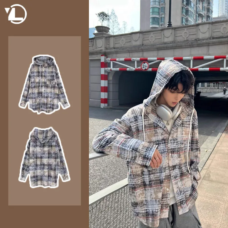 Spring New Hooded Shirt Jacket Mens Y2K Casual Retro Tie Dyed Plaid Couple Tops Trendy Single-breasted Unisex Coats Cotton