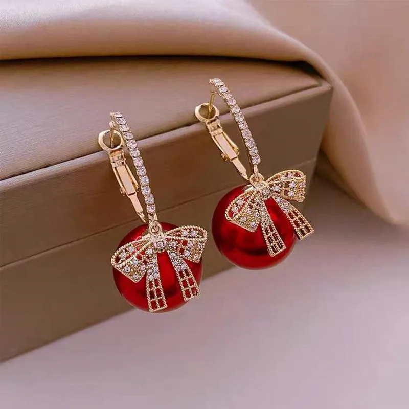 Sparkling Inlaid Zircon Bow Earrings, Red Imitation Pearl Earrings, Jewelry Gifts for Women New Year's and Christmas Parties