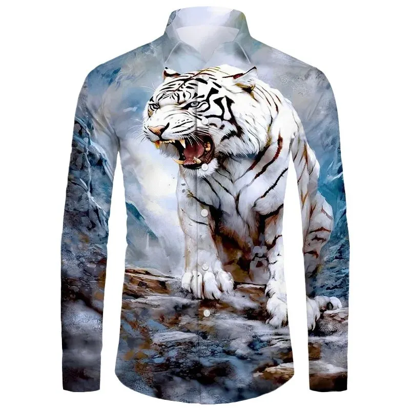 Hawaii Männer übergroße Casual Shirt 3D-Print Tiger Luxus Streetwear Kleidung für Langarm Revers Vintage Shirt Tops XS-6XL