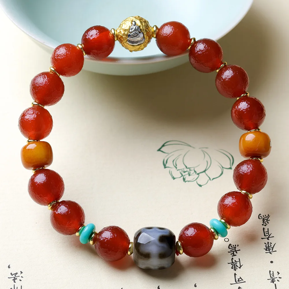 

OriginalDesignPastedOld Sugar Balls Agate Hand Bracelet Literary and Playfu,Noble Tianzhu Bone InlaidSilver Ingot BraceletFemale