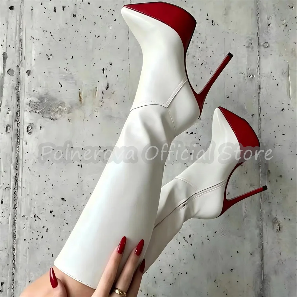 Mixed Color Platform Pointed Toe Knee High Boots Women Side Zipper Stiletto High Heel Long Boots Wedding Party Club Dress Shoes