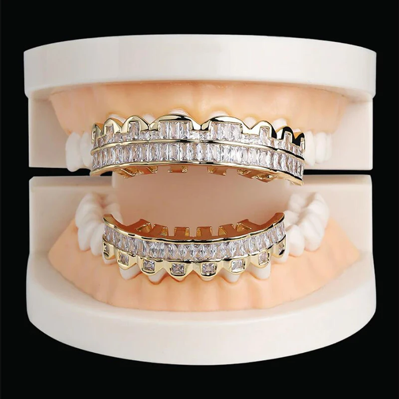 Bubble Letter Baguette Edition Top Model Luxurious Look Teeth Grillz White Gold Plated Hip Hop Jewelry 2023 Drop Shipping Trend