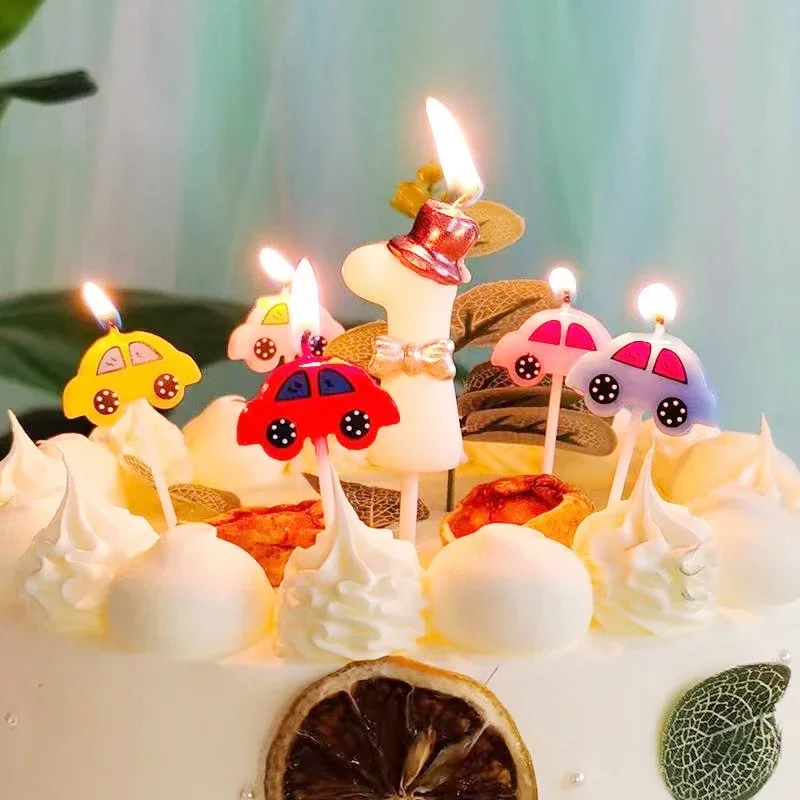 5 velas de coche para niños, feliz cumpleaños, bonito pastel, velas decorativas, fiesta de cumpleaños de bebé, hornear, enchufes de cinco colores