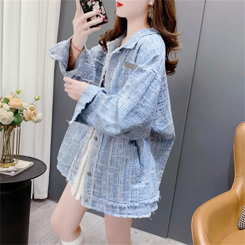 All-match Tassel Stitching Single Breasted Denim Jacket 2024 Autumn Loose Coat Women Fashion Long Sleeve Streetwear Tops Outwear