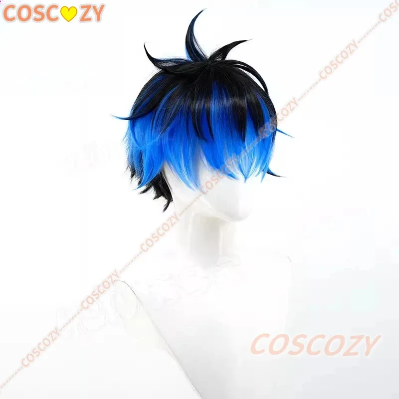 لعبة مائة خط Omokage Yugamu شعر مستعار تأثيري قصير الطبقات الشعر الأزرق مع جذور سوداء وأطراف مقلية شعر مستعار تأثيري للاتحاد