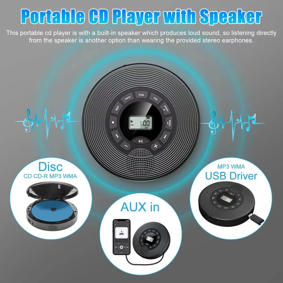 Portable Personal CD Player,MP3 Player with Anti Skip Protection,Stereo Speaker, play speed adjustment,AUX input,USB player