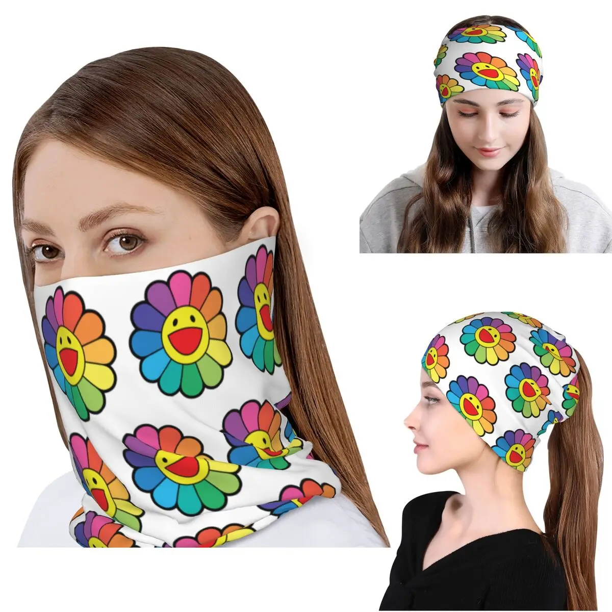 

TAKASHI MURAKAMI FLOWER RAINBOW Bandana Neck Cover Wrap Scarf Warm Headband Beanies Hat Unisex Adult Washable