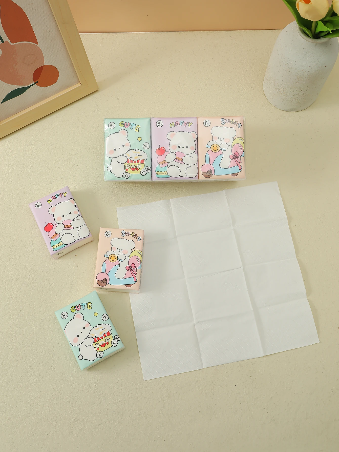 9 unids/pack Good Time Design coloridos dibujos animados originales pulpa de madera toallas de papel de bolsillo para uso de limpieza diaria